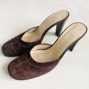 [A. Giannetti] Stitched Leather Suede Vintage Italian Block Heel Mules